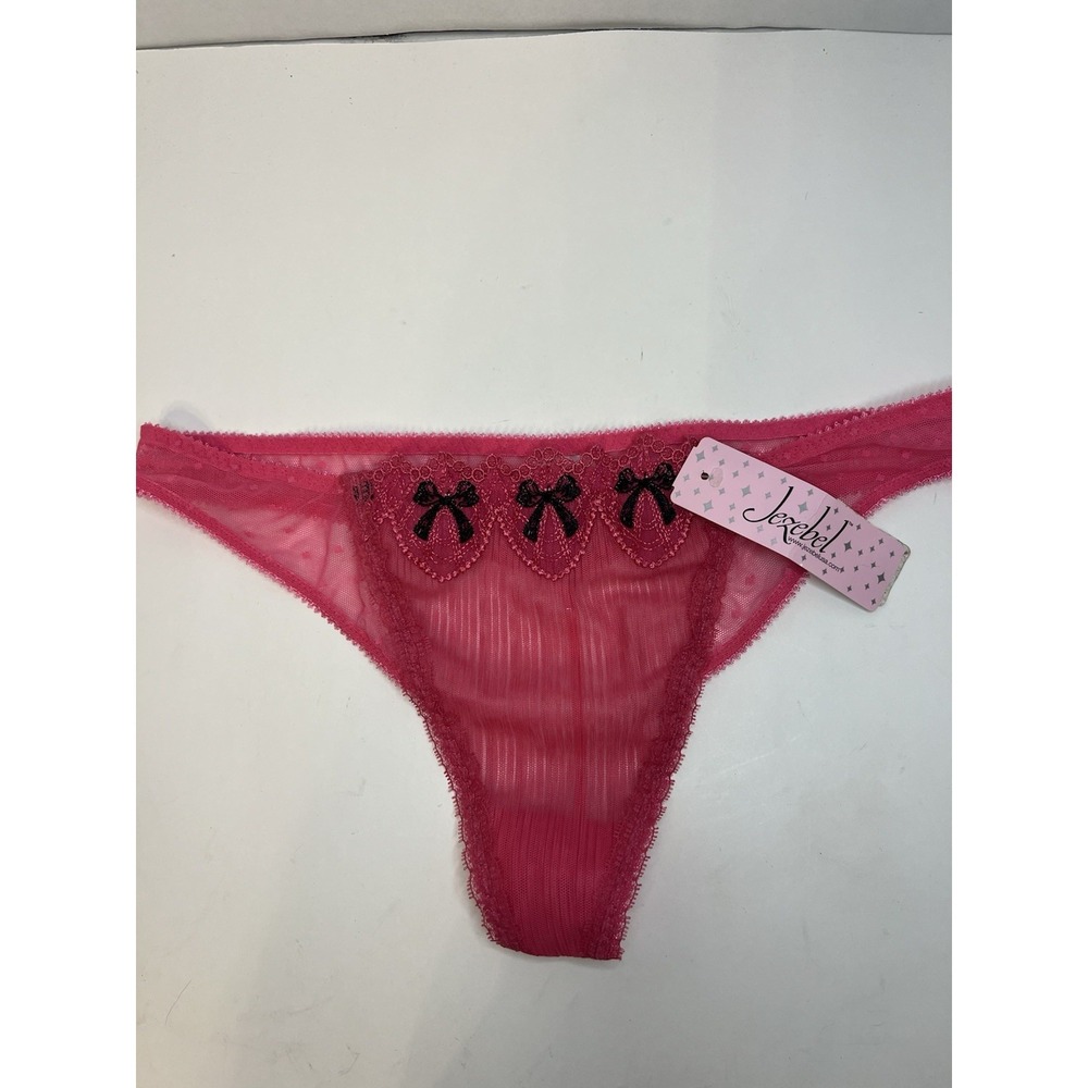 NWT JEZEBEL LARGE BLACK PINK BABYDOLL BOW LACE VINTAGE RARE THONG PANTIES